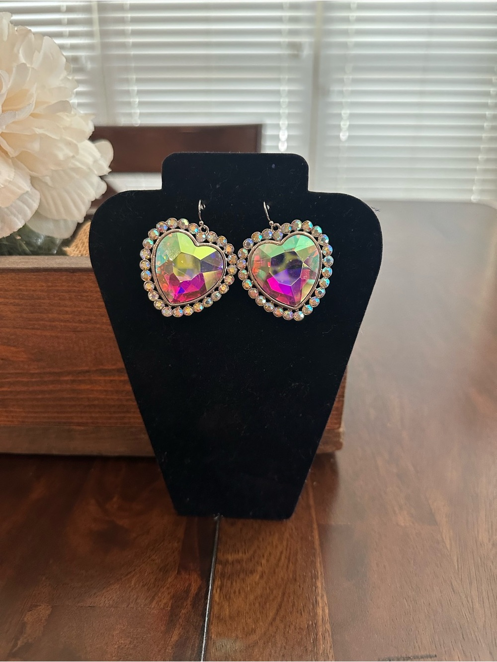 Iridescent Heart Drop Earrings - Multicolor Crystal